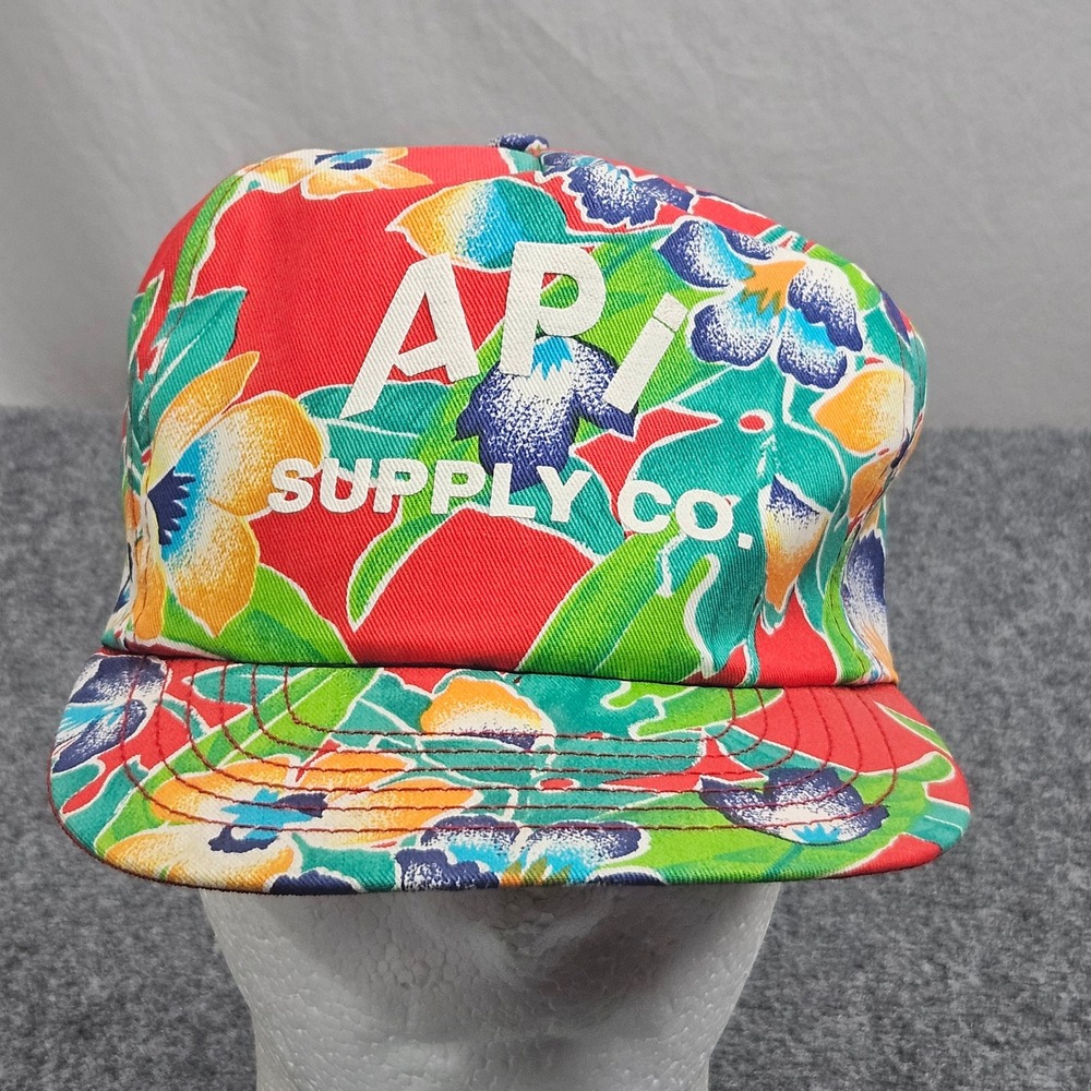 Vintage 90s API Supply‎ Co Hat Snapback Cap Red Tropical Floral Print Hawaiian